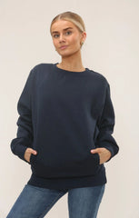 Navy Oversized Crew Neck Rib Cuff & Hem Long Sleeve Sweatshirt With Pocket Detail - Melanie