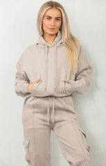 Dove Grey Cropped Fleece Hoodie with Cargo Jogger Sweatpants Loungewear Set - Roshana