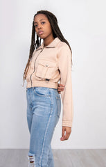 Beige Zip Up Long Sleeve Cargo Pocket Cropped Sweatshirt - Ayla