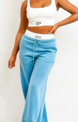 Blue Cropped Sleeveless Ribbed Top with Contrast Wide Leg Trousers Co ord Set - Skyla