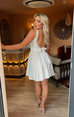 White Square Neck Backless Tie Bow Skater Mini Dress - Majesta