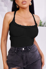 Black Ruched Bust Frill Detail Criss Cross Strappy Crop Top - Clara