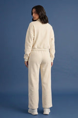 Beige Contrast Striped Stand Collar Sweatshirt With Wide Leg Trouser - Elara