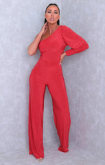Red One Shoulder Straight Leg Slinky Jumpsuit - Poppy