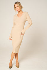 Stone Ribbed V Neck Midi Jumper Dress - Ivy