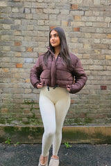 Brown High Neck Padded Cropped Puffer Jacket - Khlo