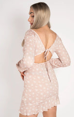 Beige Ditsy Floral Tie Back Frill Hem Dress - Charistéa