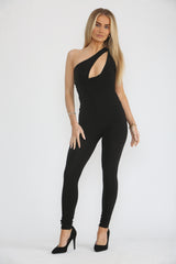 Black Asymmetric Shoulder Plunge Cut Out Jumpsuit - Mila