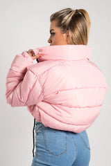 Pink puffer jacket cropped online