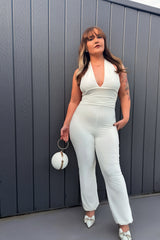 Cream Plunge Slinky Open Back Halter Jumpsuit - Giada