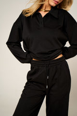 Black Oversized Long Sleeve Rugby Top and Trouser Co Ord Set - Marizel
