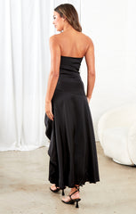 Black Satin Ruched Strapless Drape Detail Bodycon Midi Dress - Liora