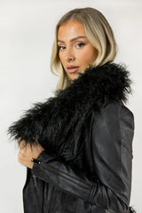 Black Faux Fur Trim PU Biker Jacket - Cody