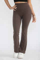 Brown High Waisted Wide Band Flared Activewear Leggings-Mina