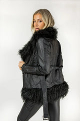Black Faux Fur Trim PU Biker Jacket - Cody