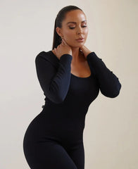 Black Ribbed Long Sleeve Fitted Jumpsuit - Amara