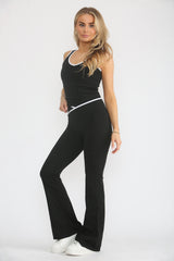 Black Contrast Trim Top and Flared Trousers Activewear Set - Eleonora