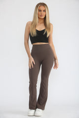Brown High Waisted Wide Band Flared Activewear Leggings-Mina