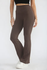 Brown High Waisted Wide Band Flared Activewear Leggings-Mina