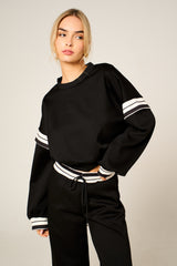 Black Oversized Striped Sleeves Sweatshirt With Trouser Co Ord Set - Floranique