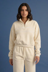 Beige Contrast Striped Stand Collar Sweatshirt With Wide Leg Trouser - Elara