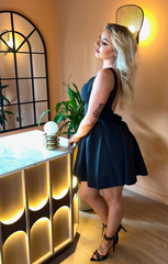 Black Square Neck Backless Tie Bow Skater Mini Dress - Majesta