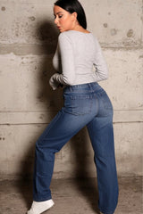 Blue Mid Wash High Waisted Wide Leg Ripped Knee Distressed Denim Jeans - Klara