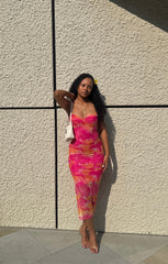 Hot Pink Mesh Printed Sleeveless Bodycon Strappy Maxi Dress - Alexia