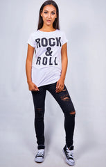 White ‘Rock & Roll’ Slogan Print T-Shirt - Carisella