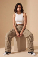 Beige Cargo Wide Leg Relaxed Fit Utility Trousers - Menisa