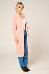 Dusty Pink Knitted Long Sleeve Pocket Detail Ribbed Cardigan - Leanne