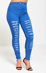 Blue Ripped Extreme Distressed High Waisted Disco Skinny Jeans - Nayelith