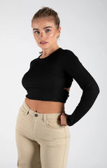 Black Ribbed Long Sleeve Backless Crop Top - Jenavira
