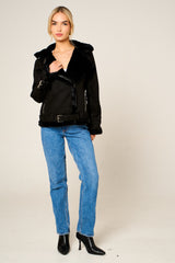Black Faux Suede Aviator Jacket - Skylar