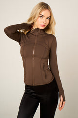 Chocolate High Neck Fitted Zip Up Lightweight Jacket - Sovanna