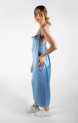 Sky Blue Cowl Neck Satin Lace Up Back Strappy Bodycon Midi Dress - Elissara
