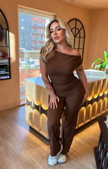 Brown Ribbed Slash Neck Top with Wide Leg Trouser Loungewear Set - Bellina
