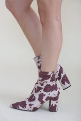 Brown Cow Print Block Chunky Heel Ankle Western Boots - Miraluna