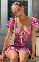 Pink Ditsy Floral Knot Front Shirred Mini Dress - Amarisse