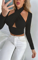 Black Slinky Cross Wrap Halter Crop Top - Donelia
