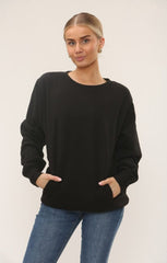 Black Oversized Crew Neck Rib Cuff & Hem Long Sleeve Sweatshirt With Pocket Detail - Melanie