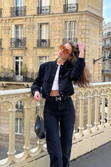 Black Cropped Long Sleeve Bomber Jacket - Hiva