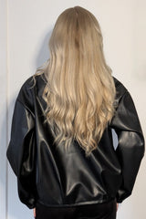 Black Oversized Faux Leather PU Biker Zip Up Moto Jacket - Rosavelle