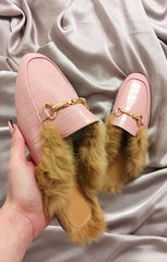 Baby Pink Faux Fur Lined Croc Mules - Maisie