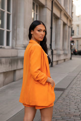 Orange Ruched Sleeve Blazer and Shorts Co Ord Set - Saha