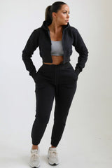 Black Zip Up Crop Hoodie & Joggers Loungewear Set - Nell