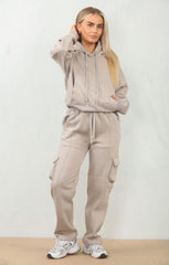 Dove Grey Cropped Fleece Hoodie with Cargo Jogger Sweatpants Loungewear Set - Roshana
