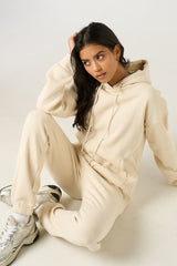 Cream Oversized Front Pocket Pullover Hoodie Cuffed Joggers Loungewear Set - Alexia