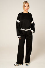 Black Oversized Striped Sleeves Sweatshirt With Trouser Co Ord Set - Floranique