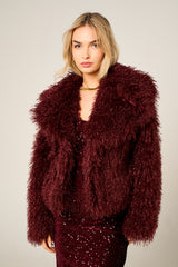 Wine Soft Fluffy Faux Fur Warm Cozy Winter Short Coat - Elixia